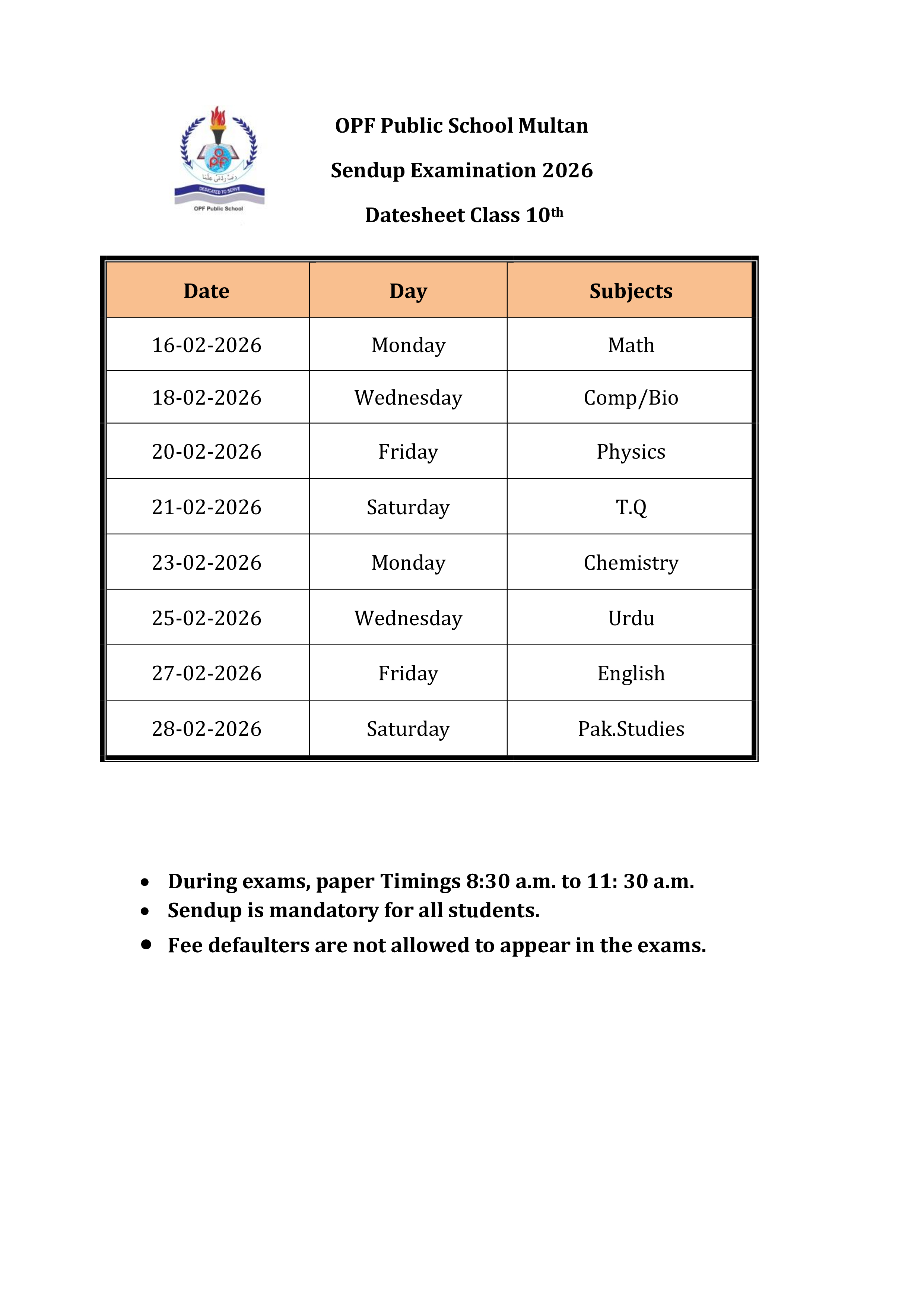 Sendup Examination Datesheet of Class 10th  2026